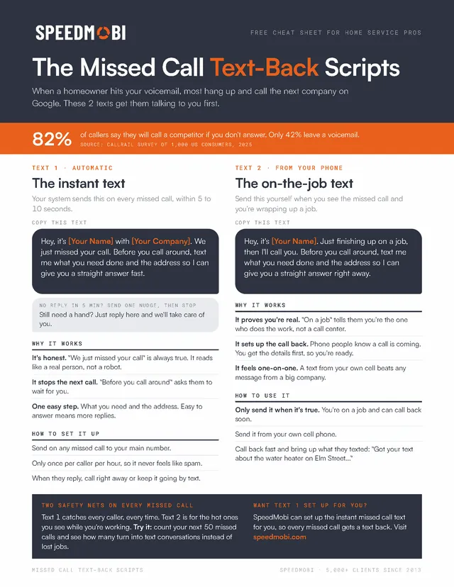 The Missed Call Text-Back Scripts, a free 1-page cheat sheet from SpeedMobi